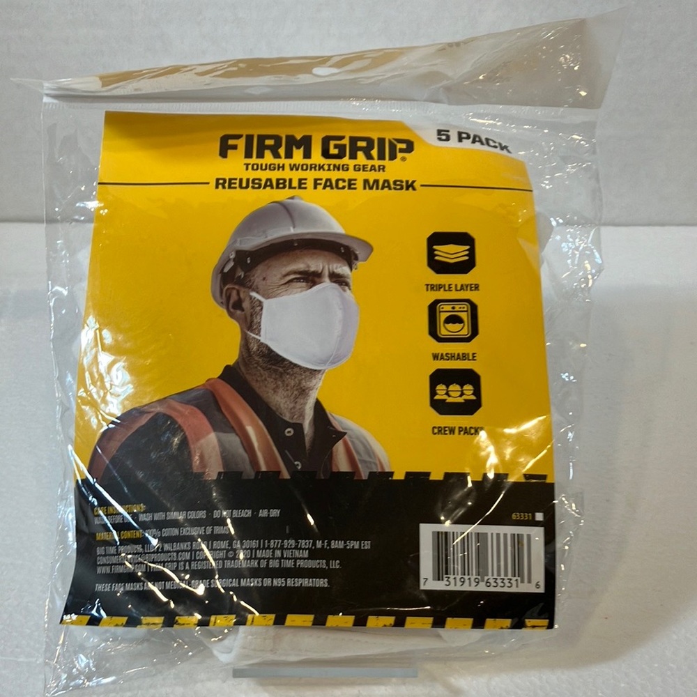 Firm Grip Face Masks Reusable Breathable Washable One Size, 5 PACK tough working